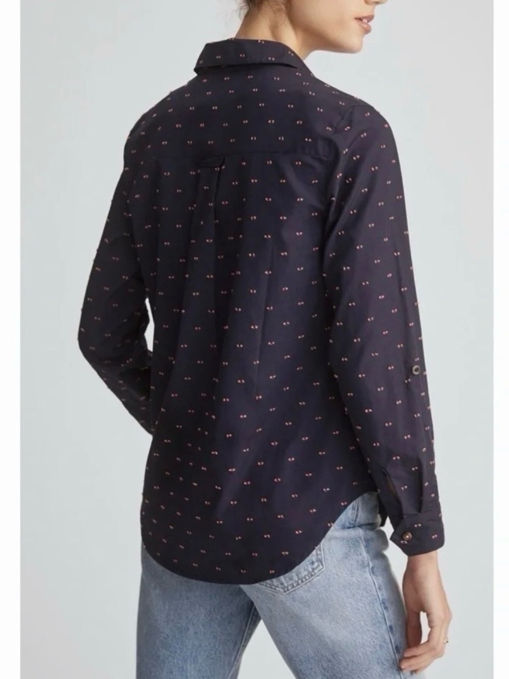 Maeve Anthropologie Navy Button-Down Shirt with Small Pink & Yellow accents
